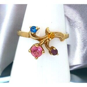 Vintage 1960s Multi Color Rhinestone Ring Abstract Gold Tone Size 6.75 - 5T